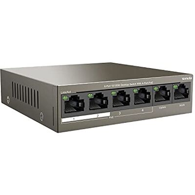 Tenda TEG1106P-4-63W 6-poorts 10/100 Mbit/s desktopswitch met 4x PoE-poorten (63 Watt tot 30 watt per poort, dual-uplink-poort, QoS, 6 kV, 250 bereik, passieve koeling) Tenda TEG1106P-4-63W 6-poorts 10/100 Mbit/s desktopswitch met 4x PoE-poorten (63 Watt tot 30 watt per poort, dual-uplink-poort, QoS, 6 kV, 250 bereik, passieve koeling)