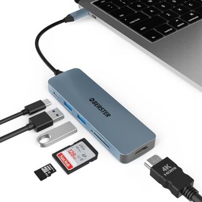 OBERSTER USB C-hub, 6-in-1 multipoort-adapter met 4K HDMI, USB 3.0 HUB, aluminium design, snelle gegevensoverdracht, compatibel met MacBook Pro/Air OBERSTER USB C-hub, 6-in-1 multipoort-adapter met 4K HDMI, USB 3.0 HUB, aluminium design, snelle gegevensoverdracht, compatibel met MacBook Pro/Air