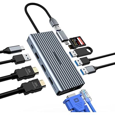 HOPDAY 12-in-1 USB C-dockingstation Triple Display, USB C-hub via VGA/2 x HDMI, USB C-adapter (USB A 3.0, 1g Ethernet, PD 100W, 3,5 mm microfoon, SD/TF-lezer) dongle HOPDAY 12-in-1 USB C-dockingstation Triple Display, USB C-hub via VGA/2 x HDMI, USB C-adapter (USB A 3.0, 1g Ethernet, PD 100W, 3,5 mm microfoon, SD/TF-lezer) dongle