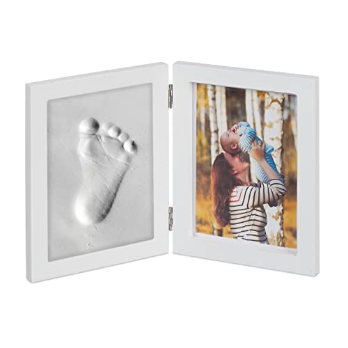 Relaxdays Babyfotolijst met gipsafdruk, set voor handafdruk of voetafdruk, DIY babyafdruk met lijst, wit, hout, 1 stuk