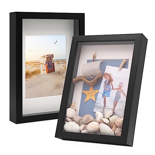 Photolini Set van 2 3D-fotolijsten diep objectframe 21x30 cm A4 zwart voor het vullen van objecten tot 3,0 cm te vullen met passe-partout modern