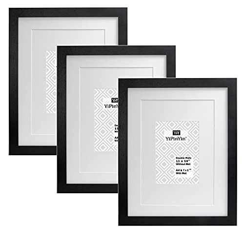 YiPinYin 11 × 14" zwarte fotolijsten met dubbele bevestigingen voor A4 & 5 X 7 Set van 3, A4 Garllery fotolijsten 3 Pack, 5 x 7" fotolijsten met houten korreltextuur voor wandmontage