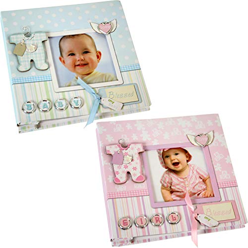 DRW Set van 2 kinderalbum kartonnen karton voor 40 foto's 10x15 cm in roze en blauw 16,5 x 16,5 x 3 cm