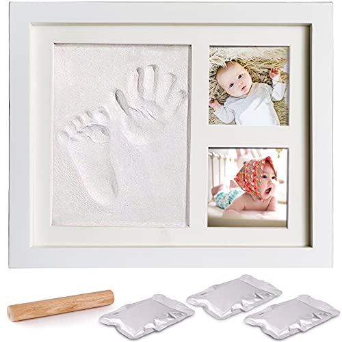 AMAYGA baby handafdruk en voetafdruk, houten fotolijst met gipsafdruk, hand en voet, gipsafdruk, set voetafdruk, cadeaus voor baby's, pasgeborene-herinneringen voor de eeuwigheid