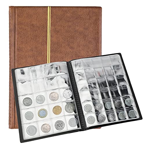 SAVITA 250 Zakken Munten Album 10 Pagina's Lederen Munten Verzamelings Boek Centverzamelings Boek voor Munten Verzamelaars (Bruin)