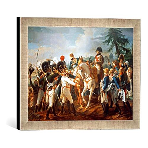 kunst für alle Ingelijste afbeelding van Jean Baptiste Debret "Napoleon and the Bavarian and Wurttemberg troops in Abensberg, 20th april 1809", kunstdruk in hoogwaardige handgemaakte fotolijst, 40x30 cm, zilver raya