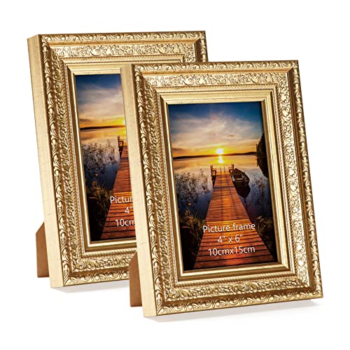 HORLIMER Fotolijst 10 x 15 cm, set van 2 stuks, vintage fotolijsten met echt glas om neer te zetten of op te hangen, voor woonkamer, slaapkamer, kantoor en woonkamer