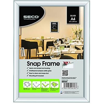 SECO Aluminium Zilver Snap Frame, verkooppunt, A4, 210 mm x 297 mm Pack van 5, (SN25A4-5) SECO Aluminium Zilver Snap Frame, verkooppunt, A4, 210 mm x 297 mm Pack van 5, (SN25A4-5)