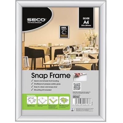 SECO Zilverkleurige aluminium kliklijst, verkooppunt, A4, 210 mm x 297 mm 10 stuks (SN25A4-10) SECO Zilverkleurige aluminium kliklijst, verkooppunt, A4, 210 mm x 297 mm 10 stuks (SN25A4-10)