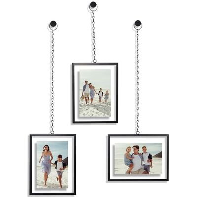 Americanflat Metalen zwevend frame met ketting Set van 3. Te gebruiken als 10 x 15 cm fotolijst, geperste bloemendisplay voor muurdecoratie, elegante zwarte lijst met onbreekbaar glas Americanflat Metalen zwevend frame met ketting Set van 3. Te gebruiken als 10 x 15 cm fotolijst, geperste bloemendisplay voor muurdecoratie, elegante zwarte lijst met onbreekbaar glas
