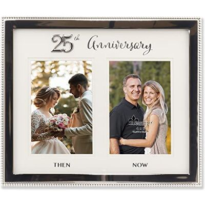 Lawrence Frames 4x6 dubbele zilveren kralen metalen 25e verjaardag fotolijst, toen en nu Lawrence Frames 4x6 dubbele zilveren kralen metalen 25e verjaardag fotolijst, toen en nu