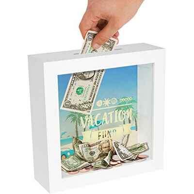 Americanflat Geldbesparende doos met sleuf 6x6 vakantie reisfonds decoratieve schaduwbox frame in wit met gepolijst glas voor muur en tafelblad Americanflat Geldbesparende doos met sleuf 6x6 vakantie reisfonds decoratieve schaduwbox frame in wit met gepolijst glas voor muur en tafelblad