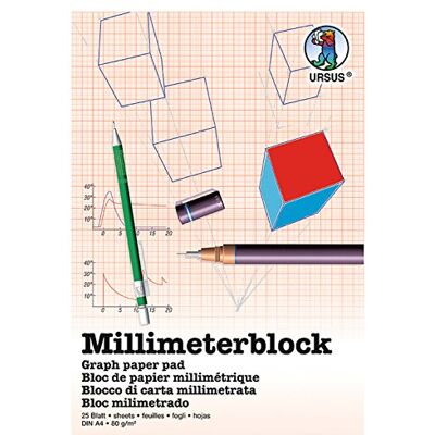 Ursus 7054600 millimeterblok, DIN A4, 80 g/m², 25 vellen, raster 1 mm, rode druk, met rooster, van houtvrij, wit schrijfpapier, ideaal voor technische tekeningen Ursus 7054600 millimeterblok, DIN A4, 80 g/m², 25 vellen, raster 1 mm, rode druk, met rooster, van houtvrij, wit schrijfpapier, ideaal voor technische tekeningen