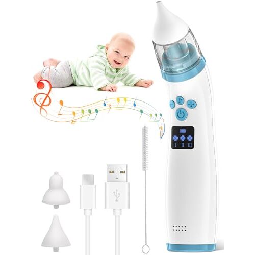 Aissom Neusafzuiger baby, neusafzuiger baby elektrisch, neusafzuiger baby met 3 zuigsterkten, 2 maten tip en muziek kalmerende functie, voor pasgeborenen en peuters, Blauw