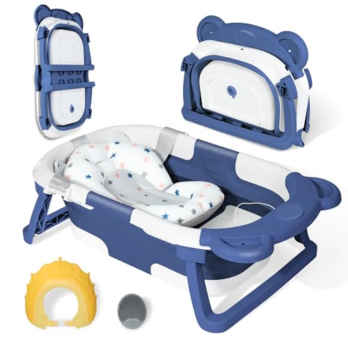Orzbow Pasgeboren babybad, opvouwbaar babybadje, knuffelbad met babybadsteunmat, badborstel en douchekap, inklapbaar babybad met afvoergat en antislipbenen, pasgeboren essentials (blauw)