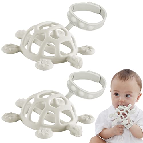 GOQELK Bijtring Bijtring voor baby's, bijtring, baby, tandenborstel, bijtring met reinigingsfunctie, bijtspeelgoed, babyvorm van een schildpad, 2 stuks, grijs