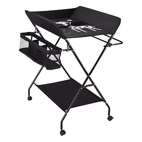 biusgiyeny Inklapbaar aankleedkussen, babycommode, wikkelcombi, mobiele luiertafel met mobiele wielen, 80 x 63 x 96 cm, voor baby's tot 12 maanden