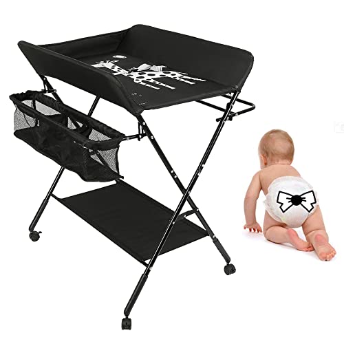 HUOLE Babyluiertafel, draagbaar babyluierstation, opvouwbare luiertafel, commode met kussen, met wielen, in hoogte verstelbaar, mobiele luiertafel met aankleedkussen, NIOR