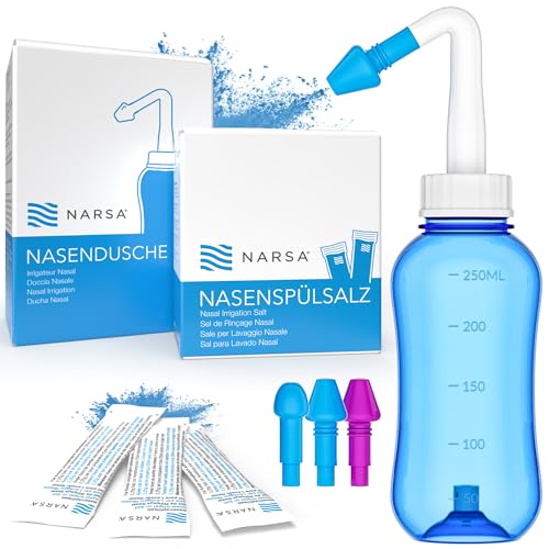 NARSA Neusdouche Set ® · 30x neusspoelzout · 3 opzetstukken voor volwassenen en kinderen · Neusspoelkan voor neusreiniging en neusspoeling voor verkoudheid en allergieën