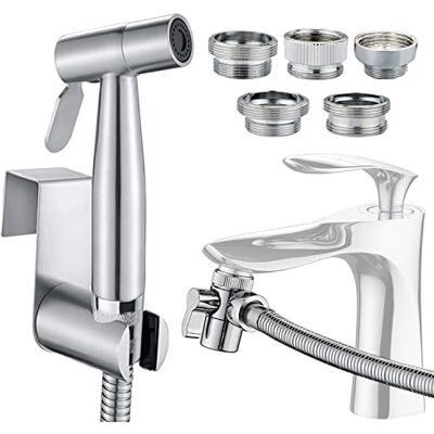 AITUOSI Handbediende bidetsproeier toiletset, roestvrij staal moslimdouche en babydoek luiersproeier kit met kraansplitter, slang en haak aan toilet of wandmontage AITUOSI Handbediende bidetsproeier toiletset, roestvrij staal moslimdouche en babydoek luiersproeier kit met kraansplitter, slang en haak aan toilet of wandmontage