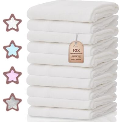 NatureMark Set van 10 Mousseline Doeken voor Baby – 100% Katoen – Zachte & Absorberende Doekjes voor Voeden & Babyverzorging, Luiers & Wasdoekjes, 70x70 cm, Wit NatureMark Set van 10 Mousseline Doeken voor Baby – 100% Katoen – Zachte & Absorberende Doekjes voor Voeden & Babyverzorging, Luiers & Wasdoekjes, 70x70 cm, Wit