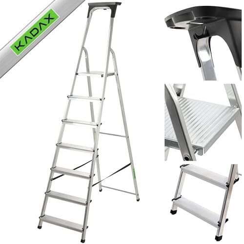 KADAX Aluminium ladder, staande ladder tot 125 kg, trapladder, aluminium veiligheidsladder, inklapbare ladder met plank, aluminium vouwladder, aluminium ladder (7 treden)