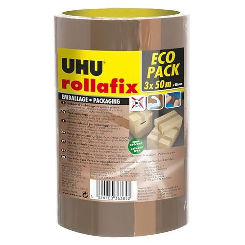 UHU Rollafix verpakkingstape, hoogwaardige verpakkingstape, bruin, 3 x 50 m