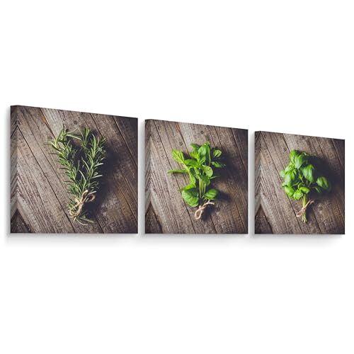 Muralo Set wandafbeeldingen, set van 3 afbeeldingen, klaar om op te hangen, afbeeldingen voor keuken, moderne wanddecoratie, verse kruiden, 3 afbeeldingen, 50 x 50 cm