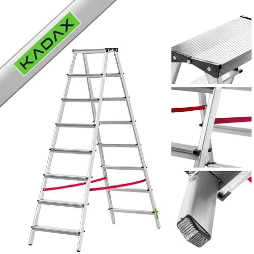 KADAX Dubbelzijdige aluminium ladder, vouwladder, belastbaar tot 125 kg, weerbestendige ladder, huishoudladder in zeven modellen naar keuze, aluminium ladder (8 treden)