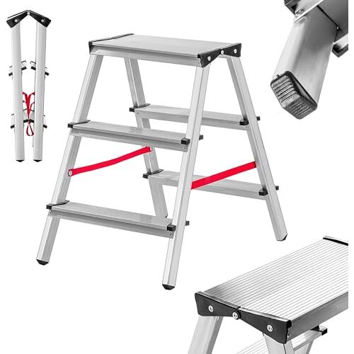 KADAX Dubbelzijdige aluminium ladder, vouwladder belastbaar tot 125 kg, weerbestendige staande ladder, huishoudladder in zeven modellen naar keuze, aluminium ladder (3 treden)