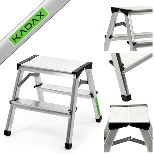 KADAX Trapladder van aluminium, 2 treden, vouwtrap tot 125 kg, trapladder met antislipniveaus, staande ladder, aluminium ladder, opstapkruk, vouwladder