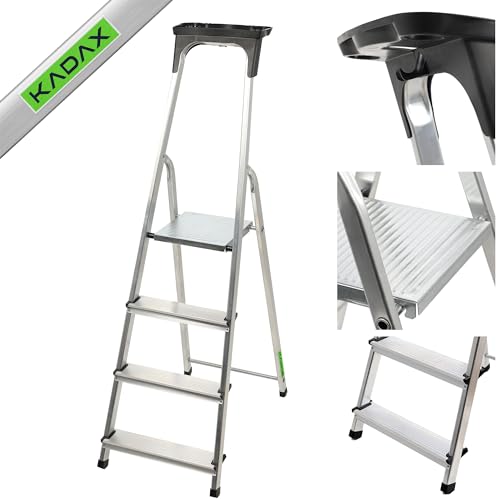 KADAX Aluminium ladder, staande ladder tot 125 kg, vouwladder voor senioren, aluminium veiligheidsladder, inklapbare ladder met plank, aluminium vouwladder, aluminium ladder (4 treden)