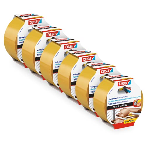 tesa Extra Sterke Tapijttape in een Verpakking van 6 – Dubbelzijdige Tape voor het Leggen van Tapijt en PVC-vloeren – Dubbelzijdig Klevend – 10 m x 50 mm