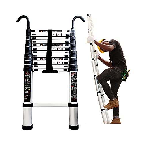 HDKSYQL Telescopische verlengladder, telescopische ladder 1,5 m/6,3 m telescopische ladder met afneembare haak, zware aluminium telescopische ladders, multifunctioneel voor zolderdak binnen buiten, belasting