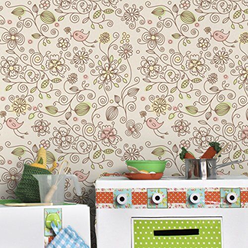 Apalis 98174 kinderbehang vliesbehang bloemenbehang vogels en bloemen fotobehang breed, vliesfotobehang wandbehang bloemen. HxB: 290 x 432 cm beige