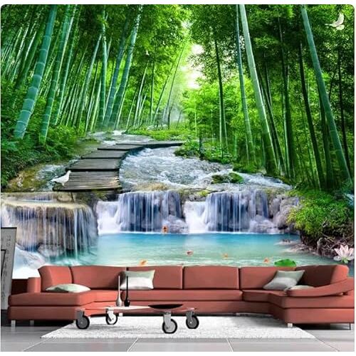XDOUBAO 3D foto behang muurschildering woonkamer slaapkamer bamboe houten brug stroom water muurschildering waterval behang, 3D, 350 x 245 cm