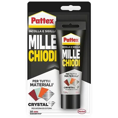 Pattex Millechiodi Kristalzelfklevende verzegeling, ideaal voor glas en spiegels, premium montagestickers, krachtige lijm voor vele materialen, 1 x 90 g blisterverpakking Pattex Millechiodi Kristalzelfklevende verzegeling, ideaal voor glas en spiegels, premium montagestickers, krachtige lijm voor vele materialen, 1 x 90 g blisterverpakking