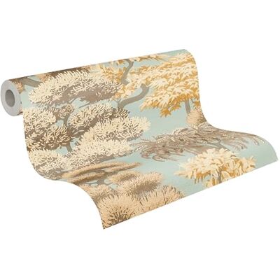 A.S. Création vliesbehang met boommotief in blauw, beige, bruin, metallic – bosbehang met metallic effect 10,05 m x 0,53 m – 791614 A.S. Création vliesbehang met boommotief in blauw, beige, bruin, metallic – bosbehang met metallic effect 10,05 m x 0,53 m – 791614