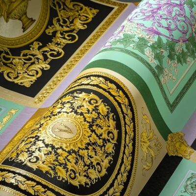 A.S. Création VERSACE WALLPAPER barok luxe behang Floral 387041 mintgroen paars zwart goud logo Medusa 10,05x0,70m Made in Germany A.S. Création VERSACE WALLPAPER barok luxe behang Floral 387041 mintgroen paars zwart goud logo Medusa 10,05x0,70m Made in Germany