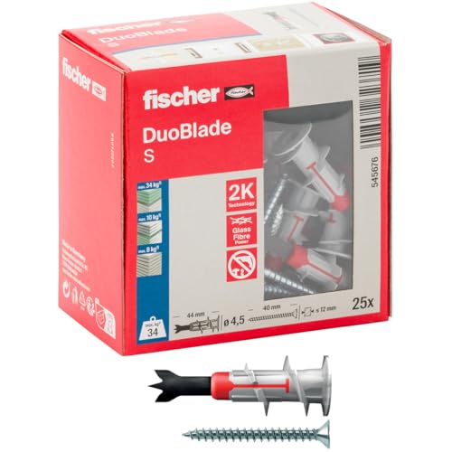 fischer 545676 gipsplaatplug DuoBlade S met schroef, zelfborend, sterke pluggen voor eenvoudige montage in gipskarton- en gipsvezelplaten, 25 stuks