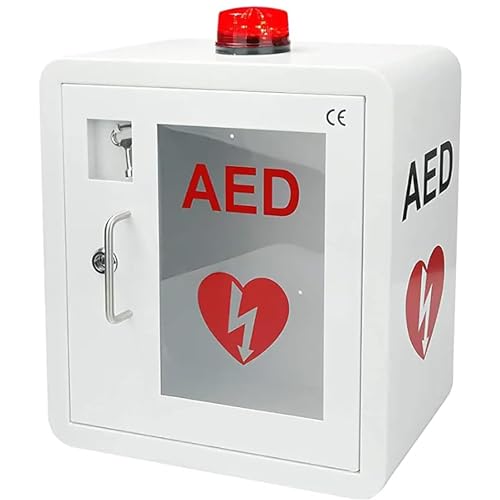 YXJPP AED-defibrillatoropbergkast, aan de muur gemonteerde stalen hartdefibrillatie-alarmbox met sleutel/alarm, geschikt voor de meeste AED-modellen, voor thuis, op kantoor, in de verpleging, in de bus
