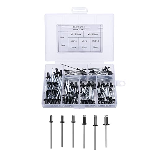 RXEBFXR 120 Stuks Aluminium Blindklinknagels, Diverse popnagels, Koepel Blindklinknagels, Zwarte Blindklinknagels Set voor Power Handklinknagels(M2.4/M3.0/M3.2/M4)