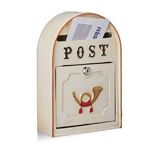 Relaxdays brievenbus, antieke posthoorn, HxBxD: 30 x 20 x 8 cm, wandbrievenbus Western vintage stijl, metaal, beige
