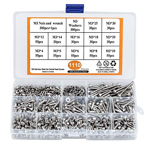 KARAA 1100 stks M3 Hex Knop Schroeven Bout 12 Size Hex Socket Cap Lage Hoofd Schroef Set 304 Zeskant Socket Schroeven Kit met Moeren en Wasmachines m3* 4/5/6/8/10/12/14/16/18/20/25/30