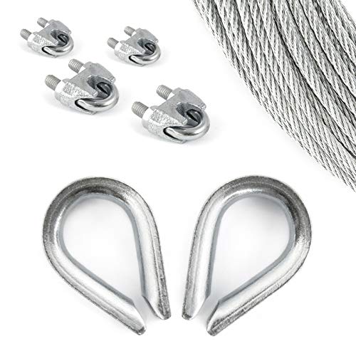 DQ-PP Set 10 m staalkabel, verzinkt, 6 x 19, 6 mm + 4 kabelklemmen en 2 hartklemmen