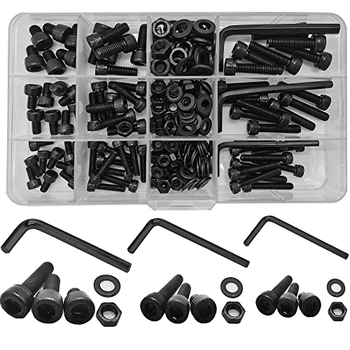 WeqeYent 219 stuks Moeren en Bouten M4/M5/M6 Hex Sokkel Machineschroeven, Bouten, Moeren en Sluitringen Assortiment set met Schroeven (Zwart)