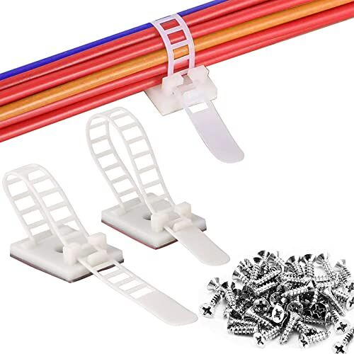 UBRAVE Zelfklevende Kabelklemmen, Verstelbare Zelfklevende Nylon Kabelbinders, Kabelklemmen Kabelklemmen Snoerklem, Wire Holder Voor Tv, Pc, Laptop, Thuis, Kantoor Wit met Schroeven, 50 Stuks (2 Maten)