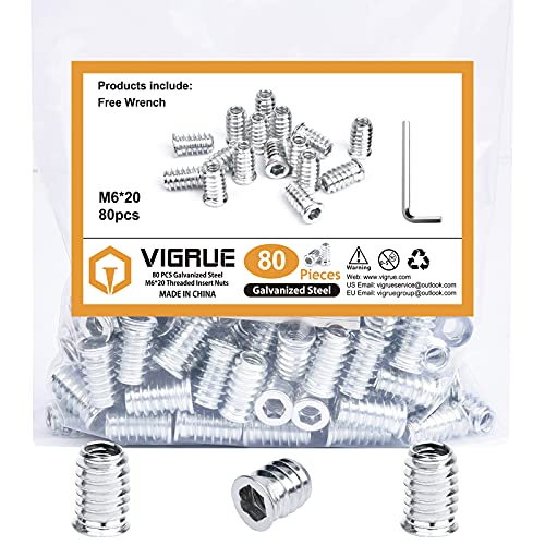 VIGRUE Inschroefmoeren M6 x 20 mm, schroefdraadinzetstuk hout 80 stuks inschroefmoffen binnenzeskant voor houten meubels schroefdraadinzet moeren hex binnenzeskantmoeren van verzinkt staal