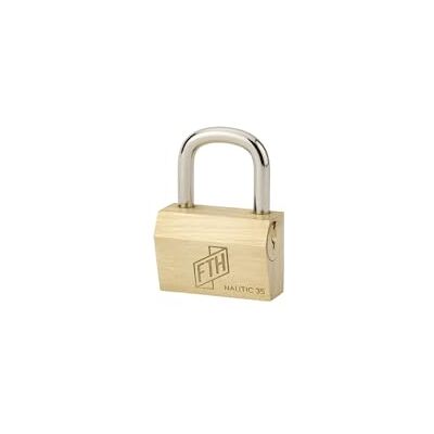 FTH NT sleutelhangslot, eendelige messing behuizing en beugel van cementstaal, zijopening met sleutel, 35 mm basis, 3 getande sleutels van messing FTH NT sleutelhangslot, eendelige messing behuizing en beugel van cementstaal, zijopening met sleutel, 35 mm basis, 3 getande sleutels van messing