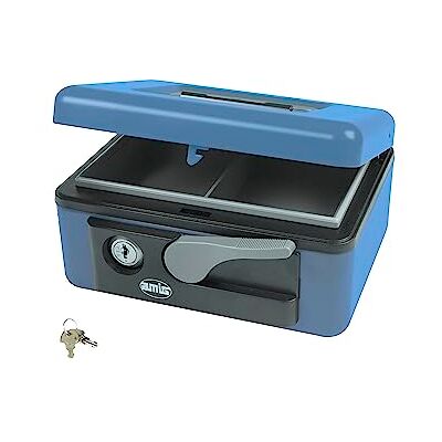 Amig Geldkluis Veiligheidskluis voor geld, bankbiljetten en munten Met muntlade Automatische handgreep en sleutelopening Blauwe kleur Staal 197 x 154 x 80 mm Amig Geldkluis Veiligheidskluis voor geld, bankbiljetten en munten Met muntlade Automatische handgreep en sleutelopening Blauwe kleur Staal 197 x 154 x 80 mm